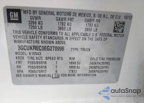 2014 Chevrolet Silverado 1500 2Lt z USA, uszkodzony, nr VIN 3GCUKREC0EG270996